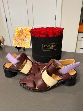 Stine Goya Fridae Leather Sandals in Brown Cream & Lavender Block Heel Sz 41